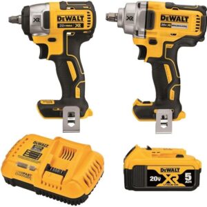 DEWALT 20V MAX Impact Wrench, Cordless 2-Tool Combo Kit, 1/2-Inch Mid-Range and 3/8-inch Compact with 5ah Battery and Charger (DCK205P1)