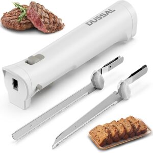 DUSSAL Cordless Electric Knife, Rechargeable – 4 Stainless Steel Blades, Safety Lock, Blade Release, White, Perfect for Meats, Poultry, Bread & Cheese