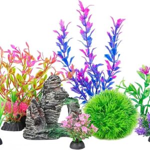 Ameliade Aquarium Artificial Plants & Rock Cave Decor Set – Fish Tank Accessories for Goldfish, Betta, Small & Large Bowls